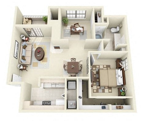 Floor plan for 1 bed, 1 bath, 896 sqft